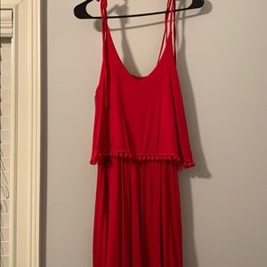 Red shift dress with Pom Pom trim